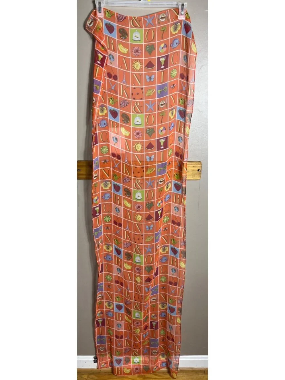 Nick & Nora Silk Novelty Scarf Retro Vacation Motifs Sheer Chiffon Large Orange